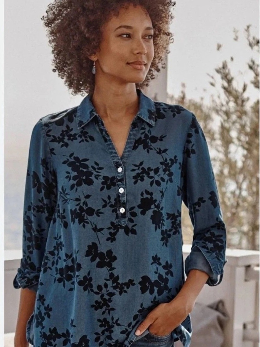 J. Jill Floral Print Denim Popover Tunic Top Size L